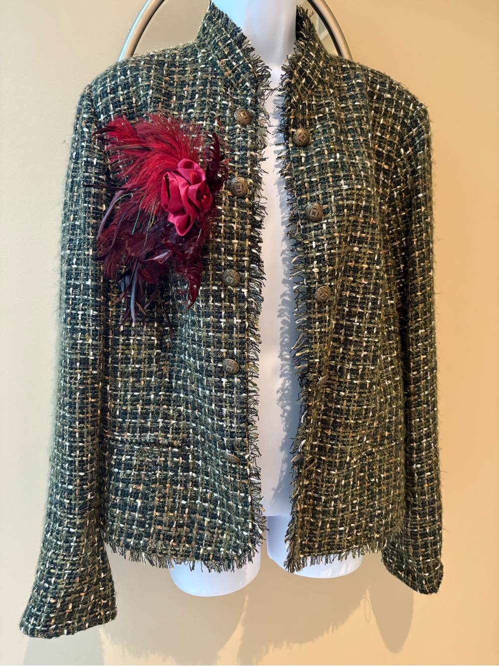 Chico’s Green Tweed Fringe Jacket with Decorative Fascinator Brooch Military XL